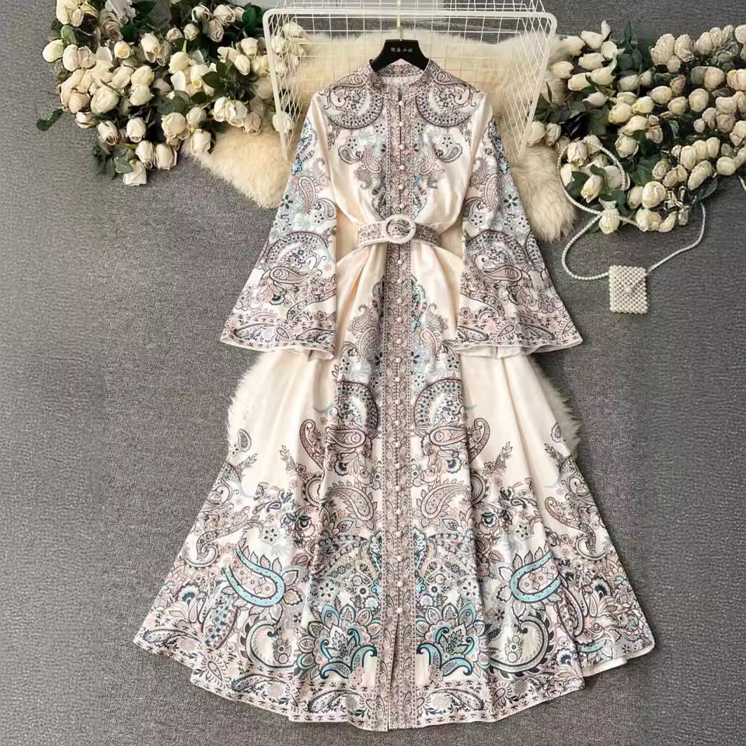 Elegant Floral Designed Trumpet Sleeves Long Dresses
