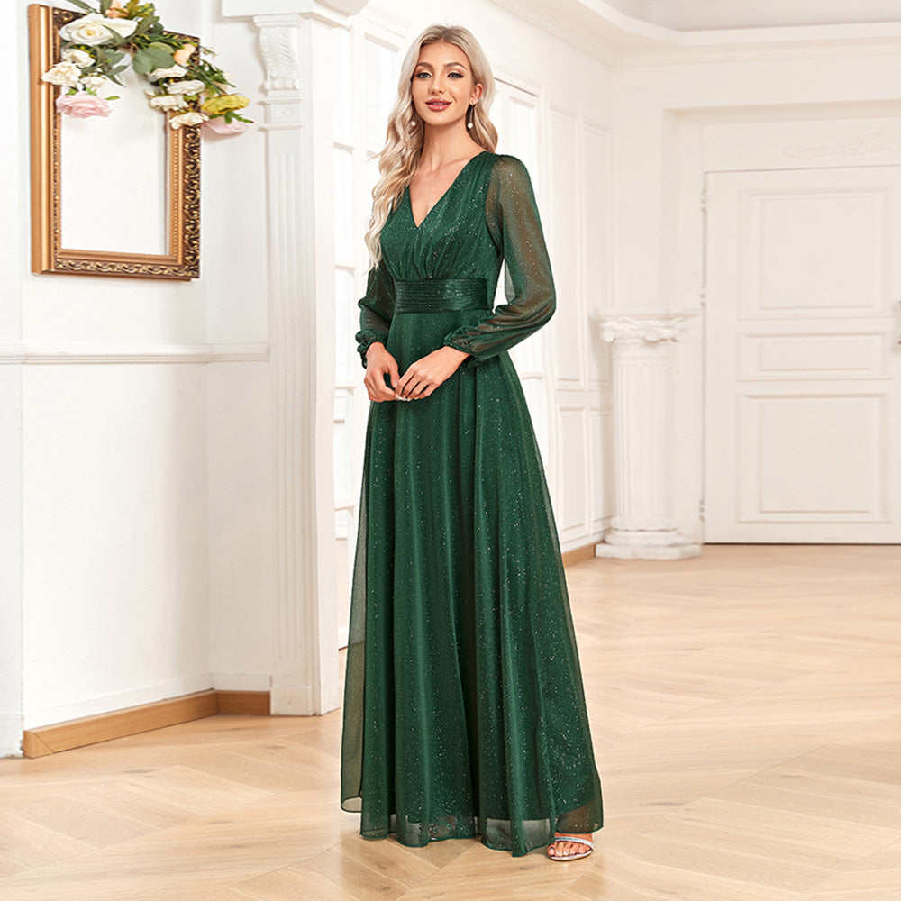 Green Chiffon V Neck Long Sleeves Party Dresses/bridesmaid Dresses-Dresses-Free Shipping at meselling99