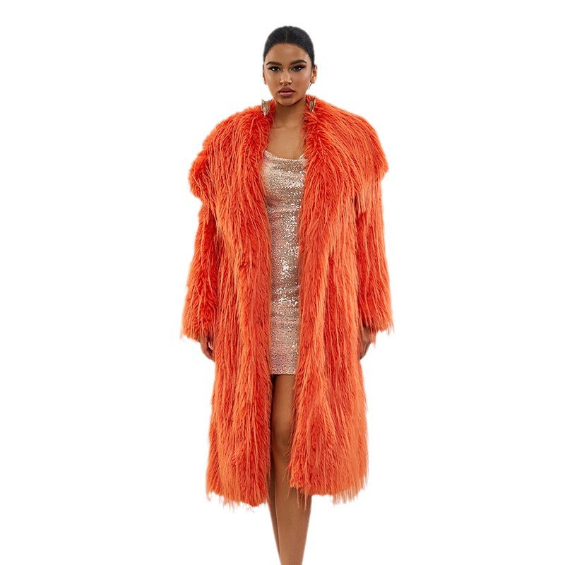 Long Fringe Fur Coat – Stylish Solid-Color Faux Fur Outerwear