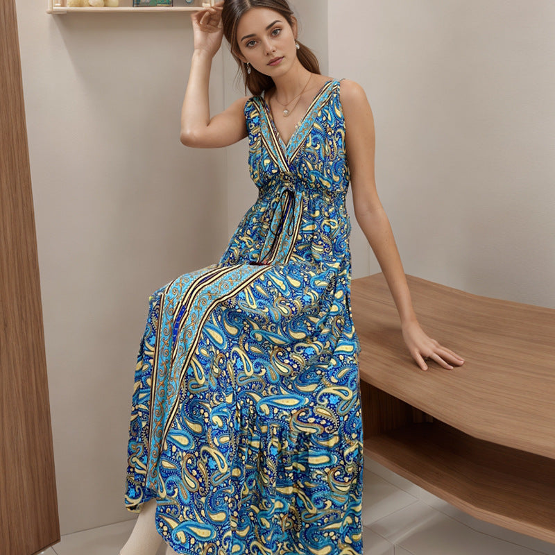 Bohemian Cotton Sleeveless V Neck Long Maxi Dresses