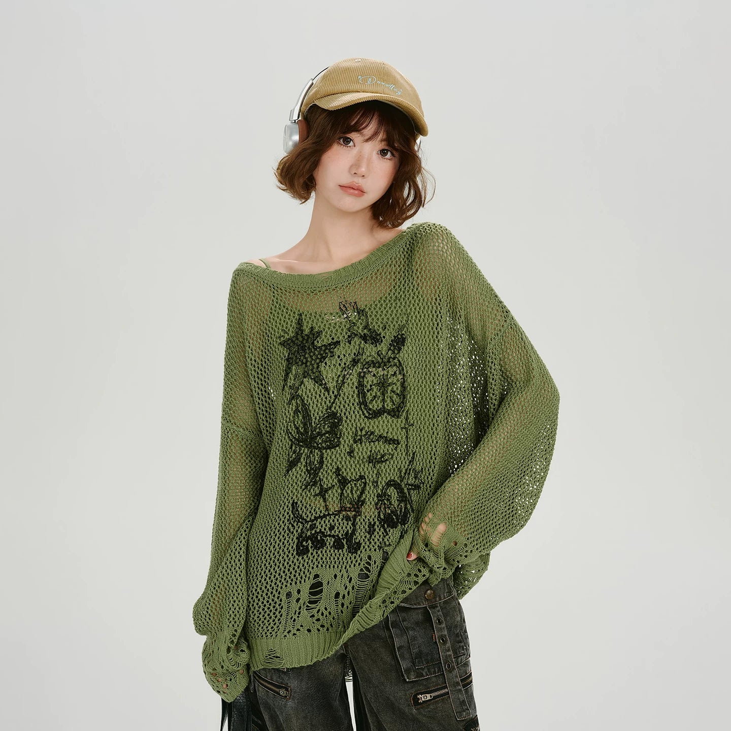 Girlyhalo Retro Y2K Printed Hollow-Out Knit Top