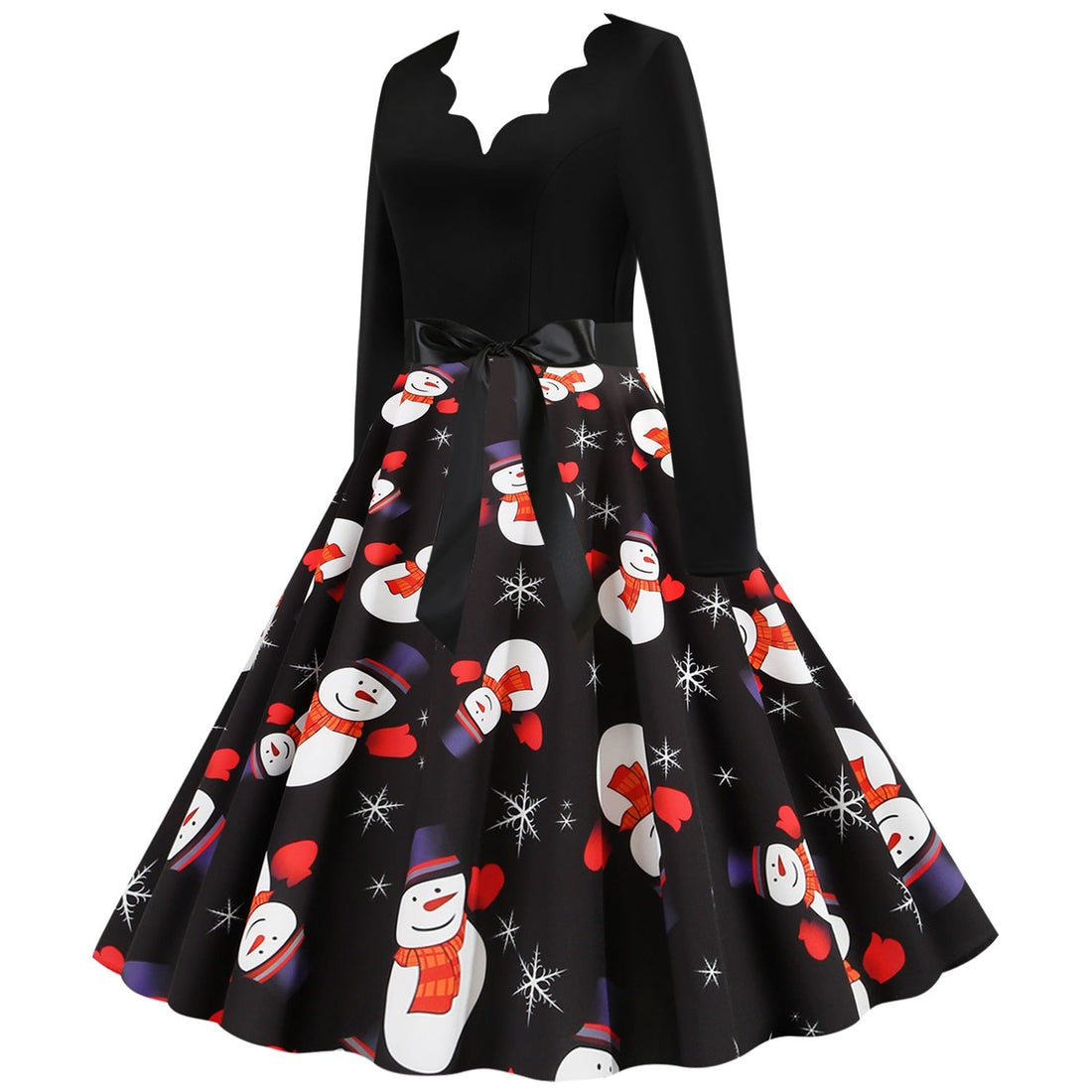Women Vintage Christmas Snowmen Slim Waist Dresses-Vintage Dresses-Black-S-Free Shipping at meselling99