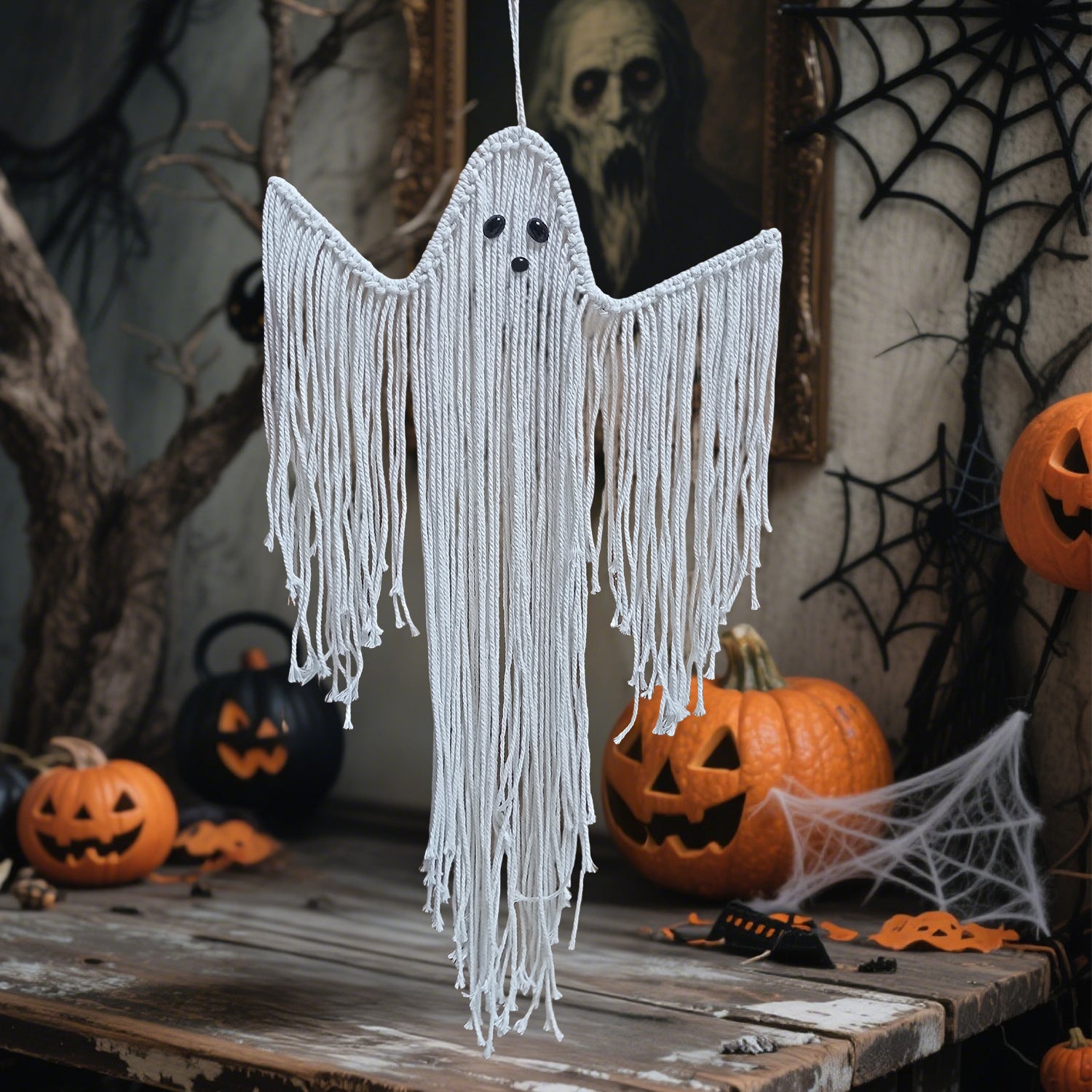 Hand-Knotted Macrame Ghost Halloween Deco
