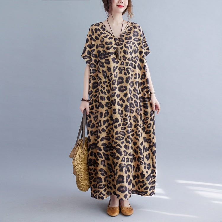 Plus Sizes Women Leopard Short Sleeve Cozy Dresses-Cozy Dresses-Leopard-One Size-Free Shipping at meselling99