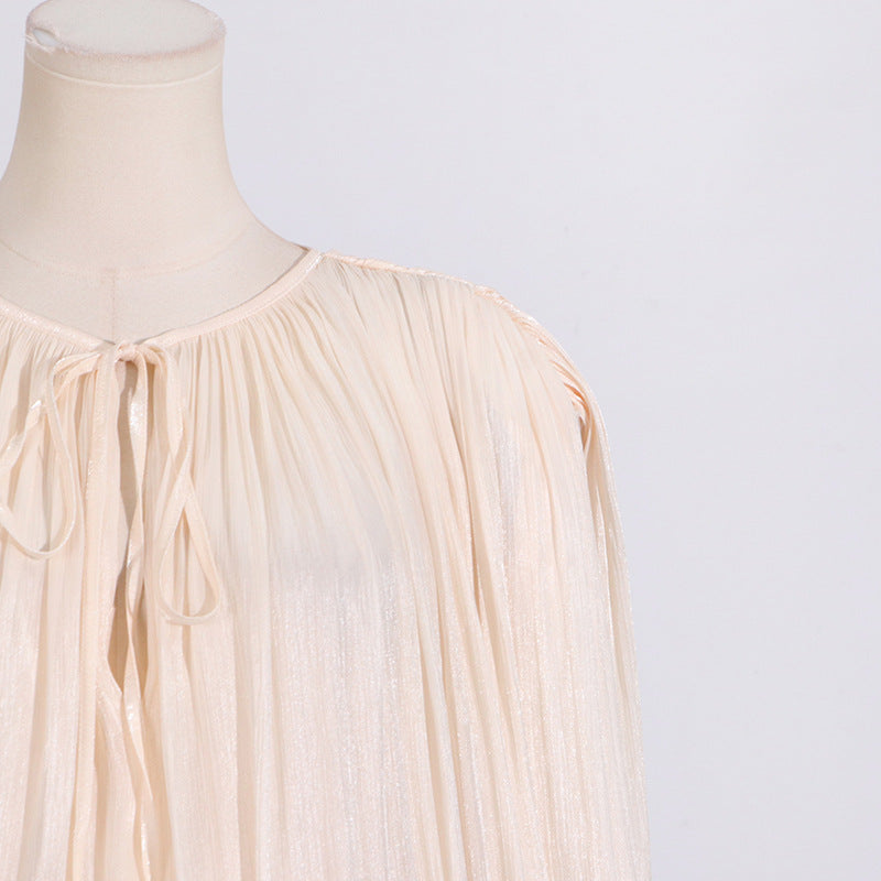 Designed Sweet Style Beach Dress – Loose Fit Long Sleeve Wrap Belt Waist Mini Dress