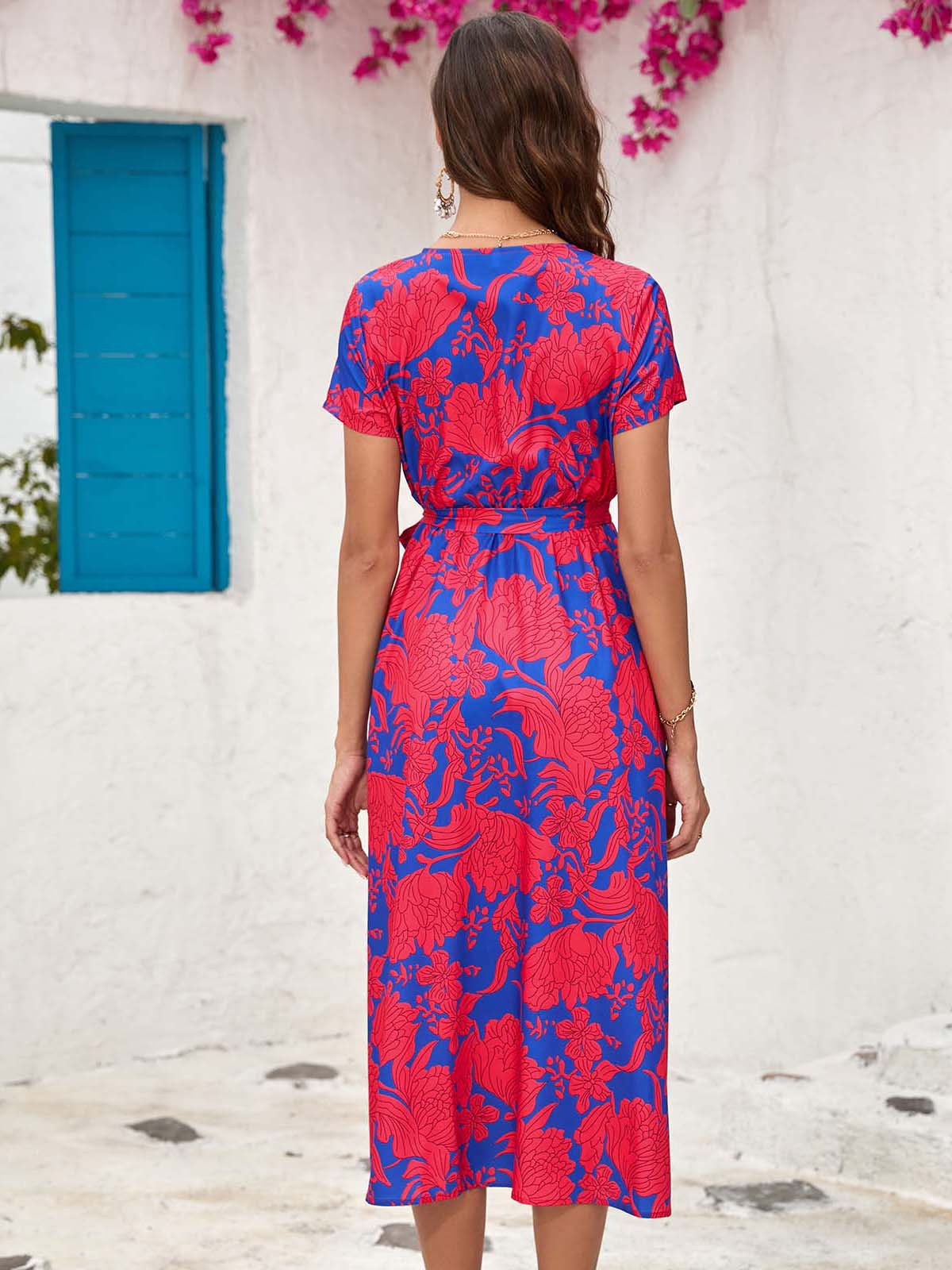 Summer Floral Print V-Neck Split Hem Midi Dress