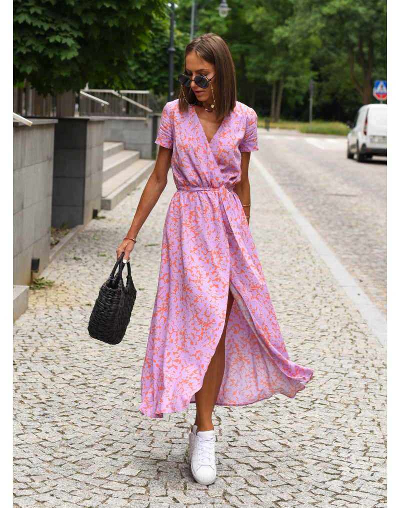 Summer Floral Print V-Neck Split Hem Midi Dress