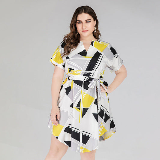 Summer Geometry Print Short Sleeves Plus Sizes Dresses-Dresses-Yellow-XL-Free Shipping at meselling99