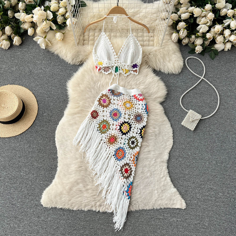 Summer Bohemian Crochet Knitted Strapless Tops & Skirts Women Sets