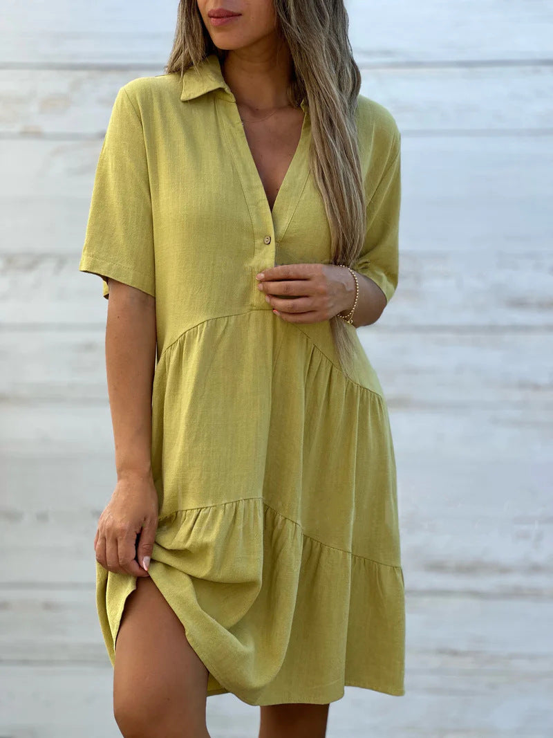 Women's Loose Fit Solid Color Lapel Casual Short Sleeve Linen Blend Dress