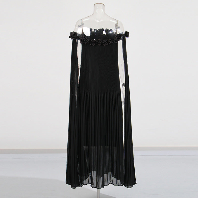 Designed Women's Floral Patchwork Maxi Dress with 3D Flower Shoulder