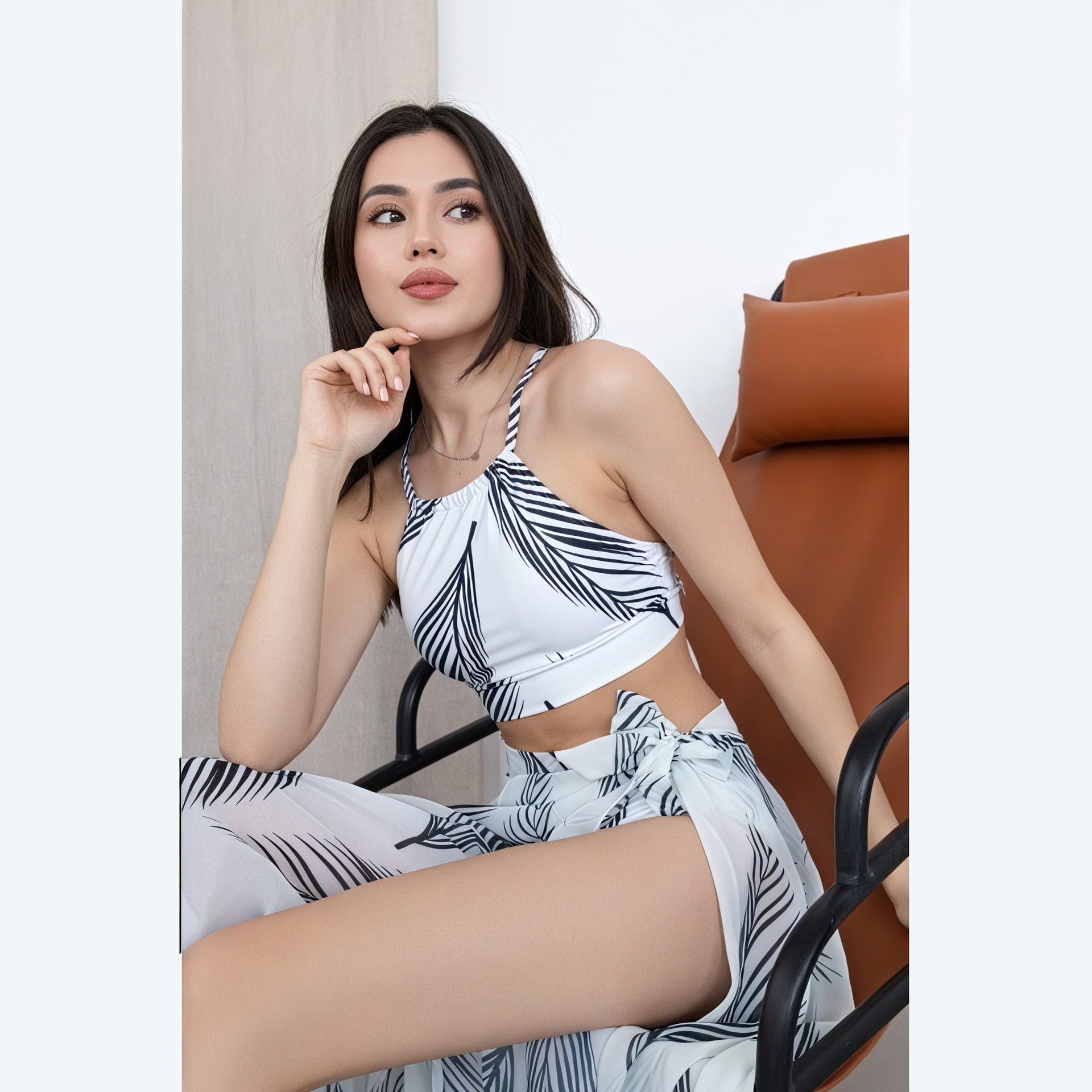 Women's Printed High-Waist Bikini Set with Sun Protection Cover-Up Skirt