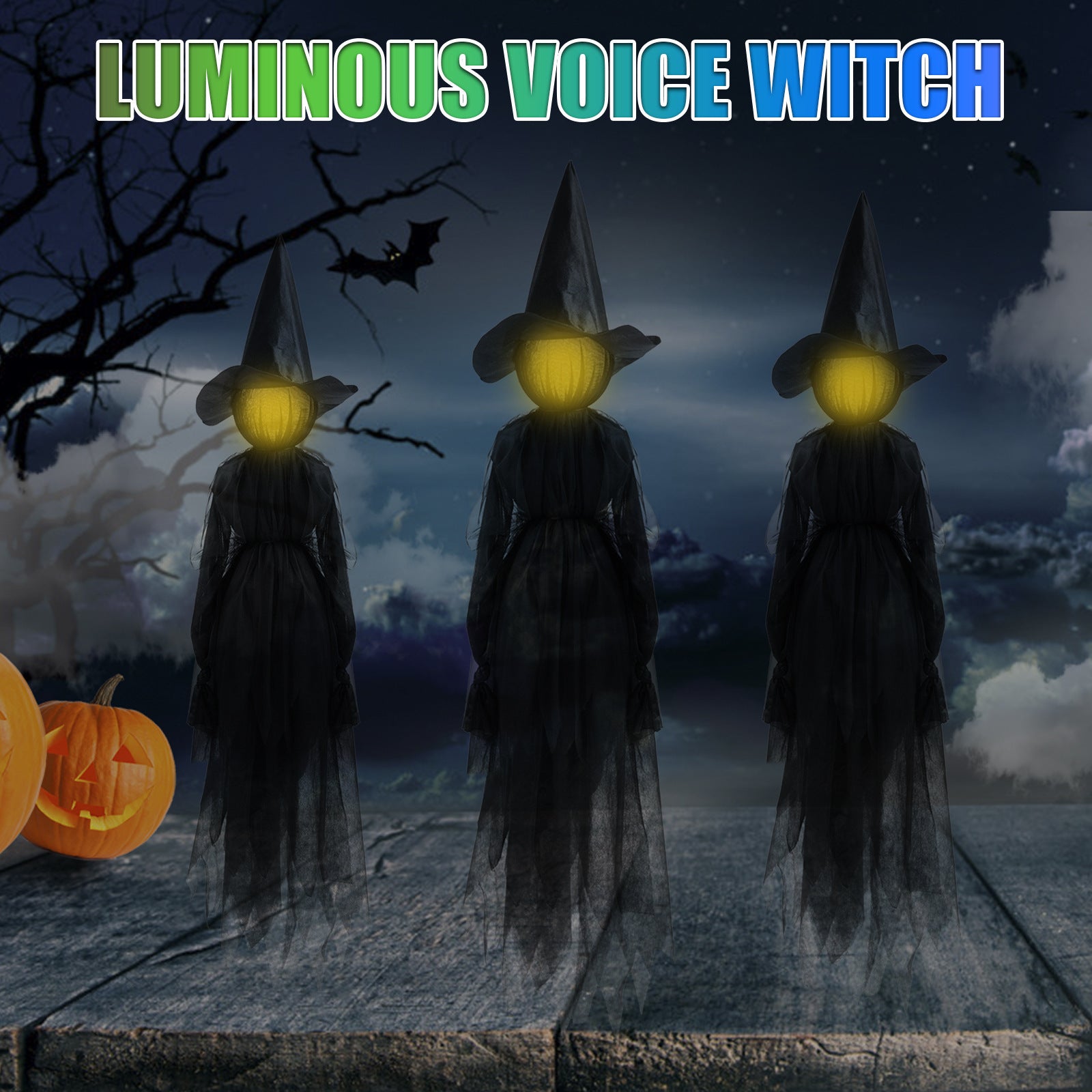 Voice-Activated Colorful Glowing Halloween Witch Set - 3 Hand-Holding Witches with Bonus Ghost