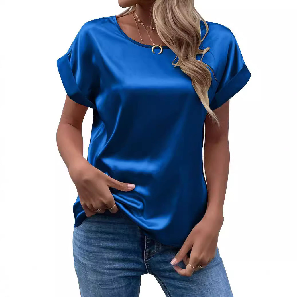 Women's Satin Round-Neck Straight Fit T-Shirt