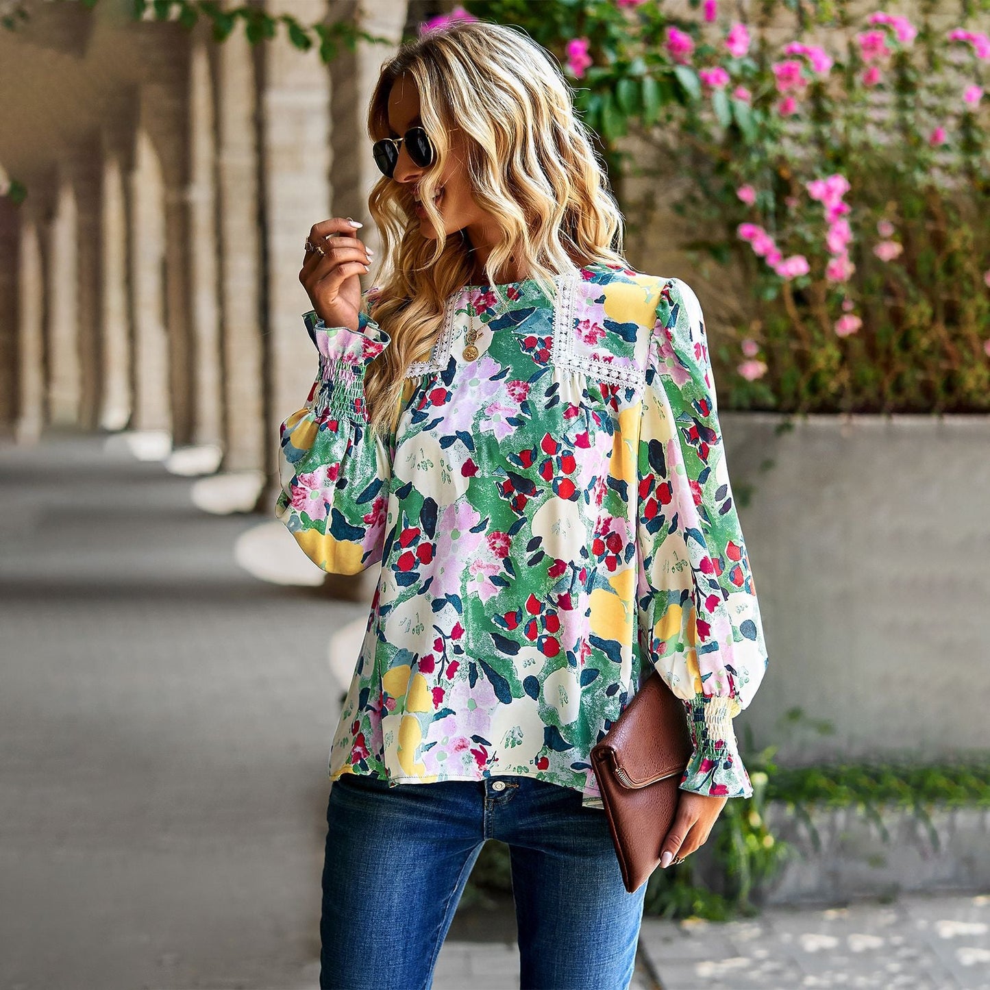 Elegant Floral Print Long Sleeves Blouses