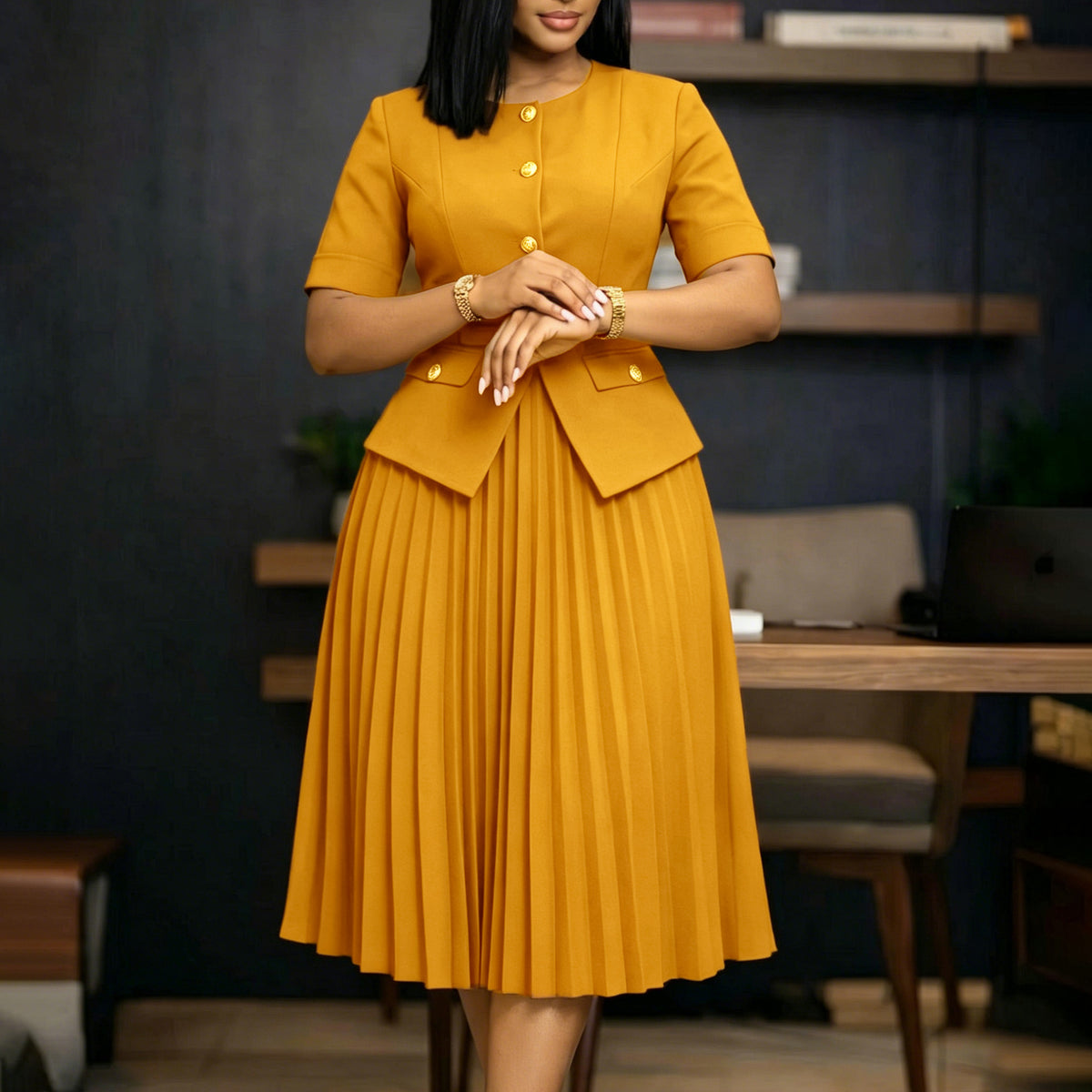 Summer  Round Neck Spliced Pleated Fake Two-Piece Solid Color Plus Size Dress