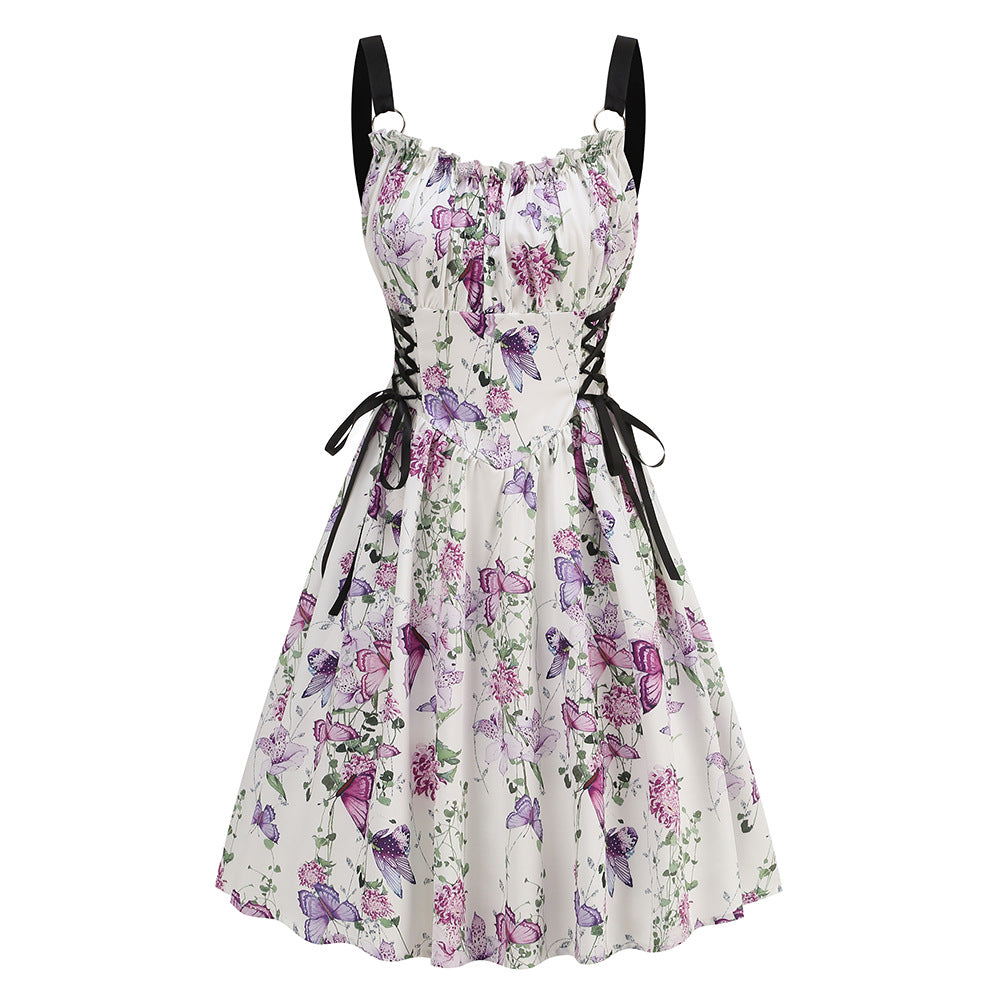 legant Floral Print O-Ring Strap Slimming Party Dress