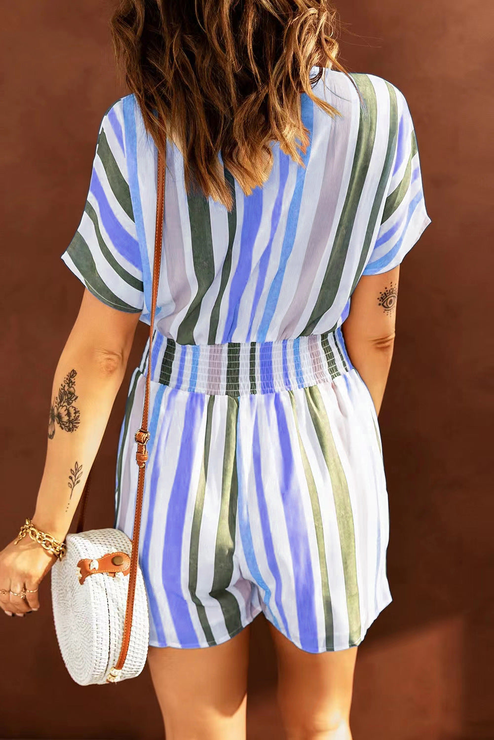 Summer Casual Striped Elastic Waist Romper Jumpsuits