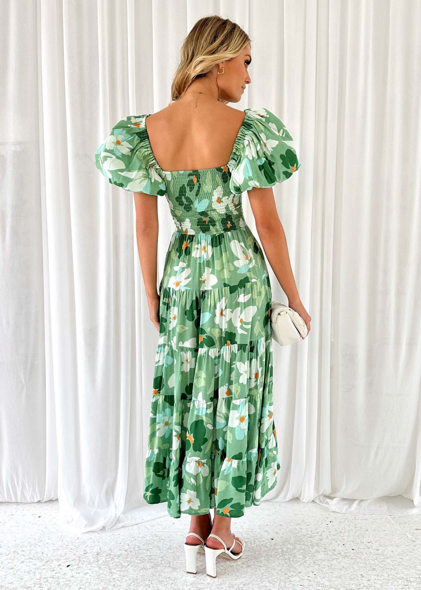 Spring Summer Off-Shoulder Floral Print Puff Sleeve Dress