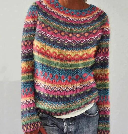Women's Loose Knit Sweater - Color Block Round Neck Pullover