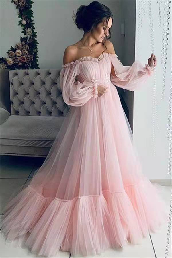 Women Off The Shoulder Tulle Long Party Dresses-Dresses-Pink-S-Free Shipping at meselling99