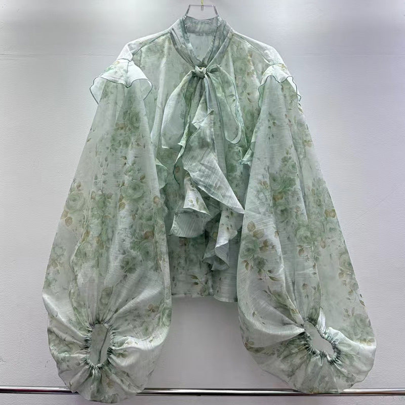 Bow Tie Lantern Sleeve Ruffle Blouse
