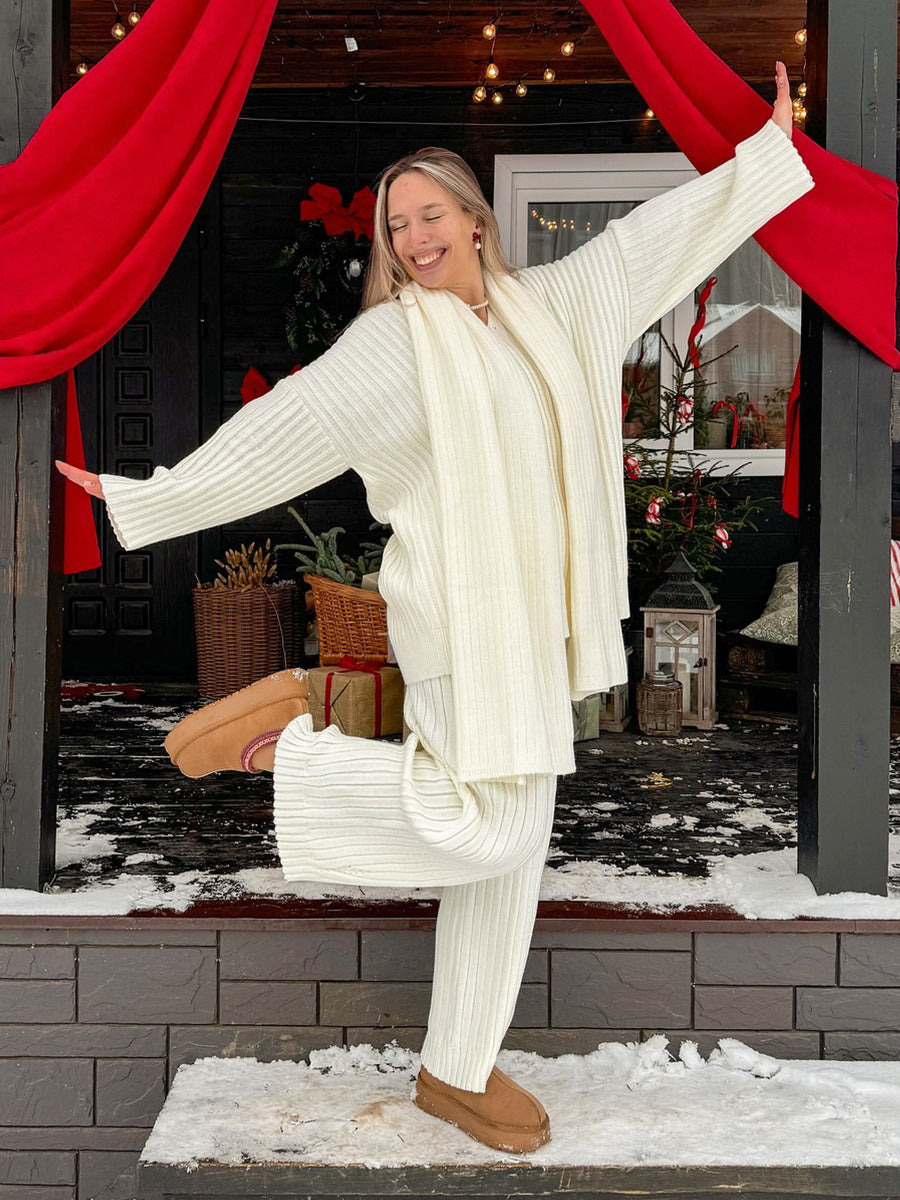 Women's V-Neck Ribbed Knit Sweater Set