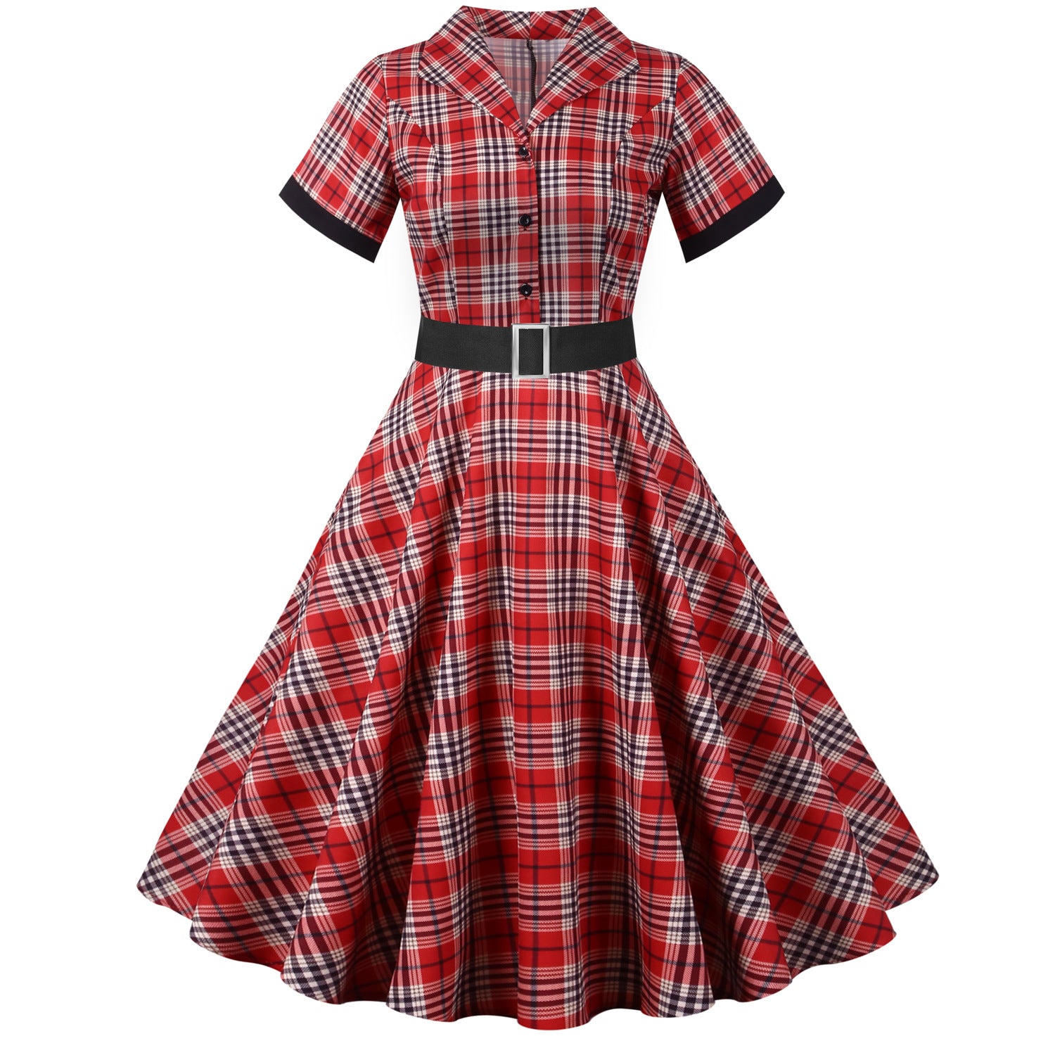 Retro Plaid Short Sleeve Dress with Belt