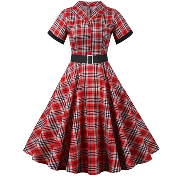 Retro Plaid Short Sleeve Dress with Belt
