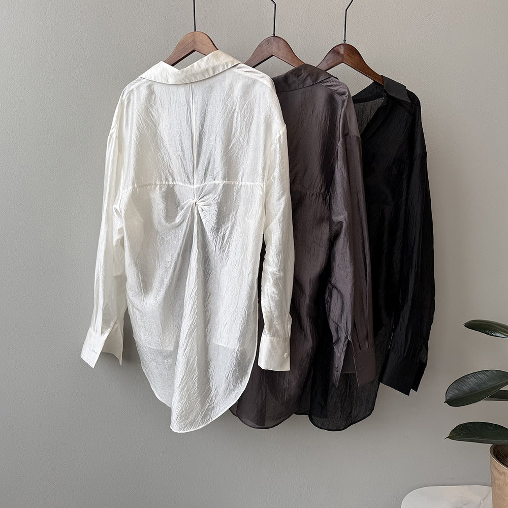 Women's Backless Knotted Shirt – Summer Loose Fit Long Sleeve Sun Protection Blouse-White-M-Free Shipping Leatheretro