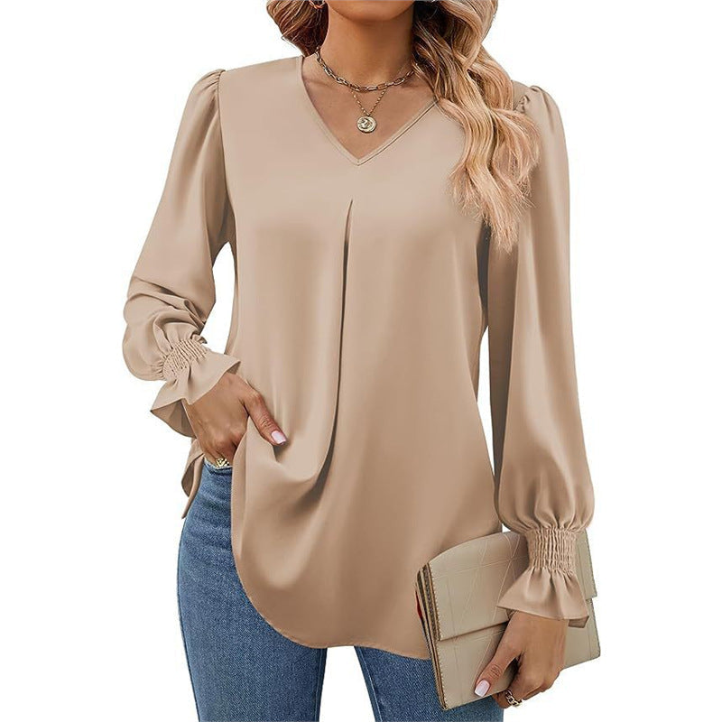 Women's Solid Color Chiffon V-Neck Bell Sleeve Blouse