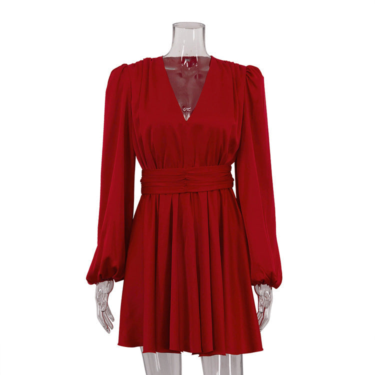 Elegant Red Ruffled Satin Dress