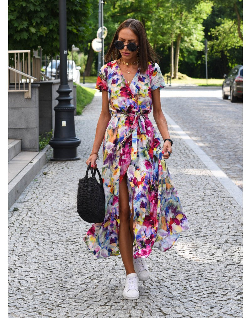 Summer Floral Print V-Neck Split Hem Midi Dress