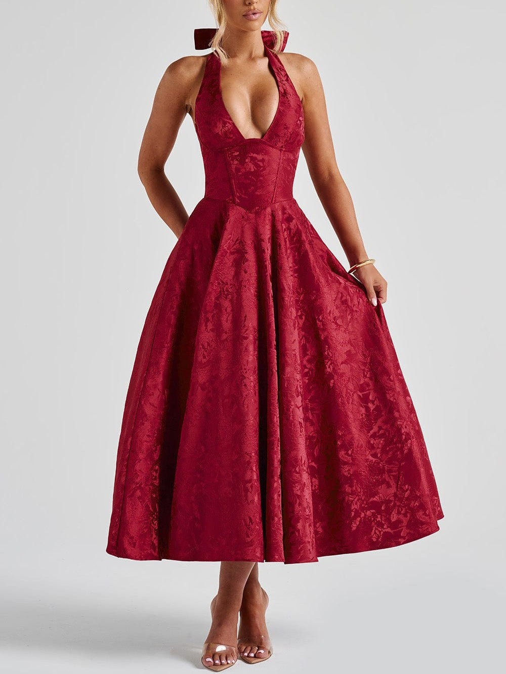 Backless Halter Jacquard Midi Dress