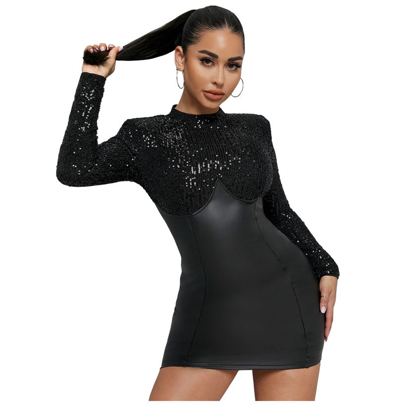 Sexy PU Long Sleeves Bodycon Mini Party Dresses-Dresses-Free Shipping at meselling99