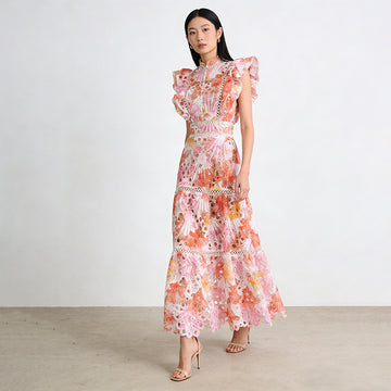 Premium Lace Embroidery Hollow Out Maxi Dress