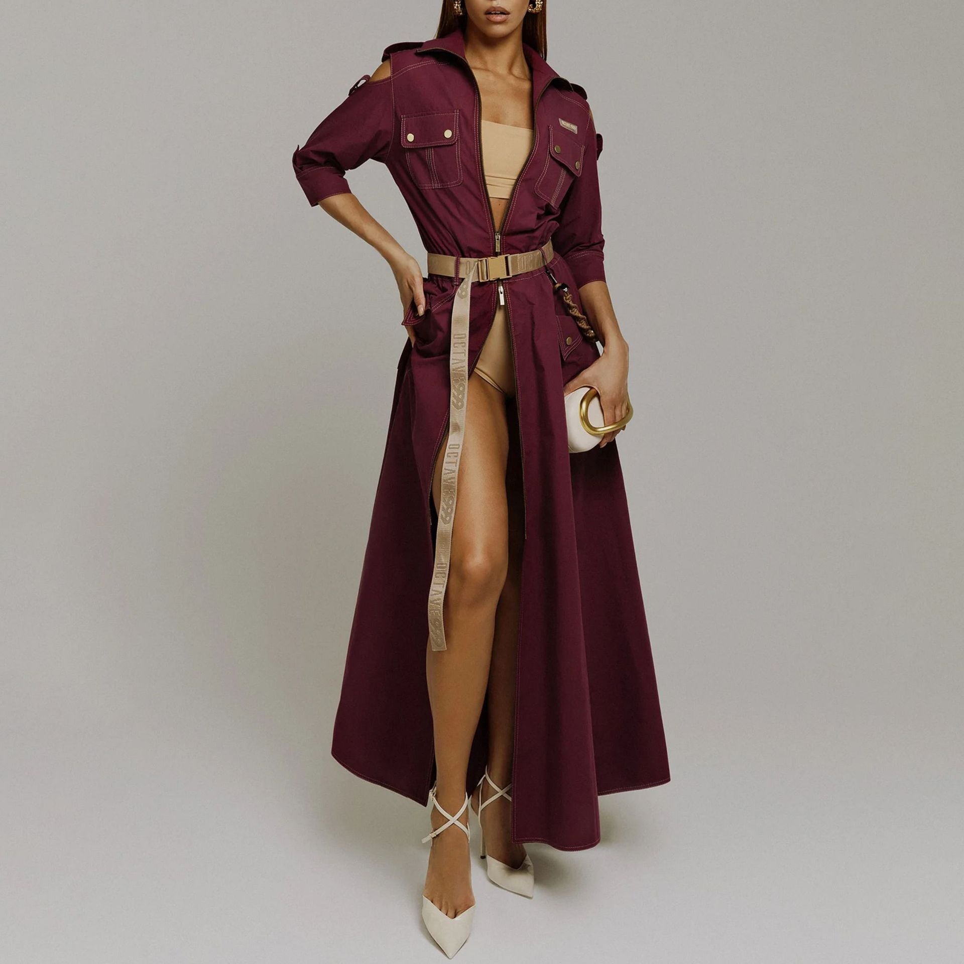 Designed Women's Stylish Off-Shoulder Utility Dress with Belt