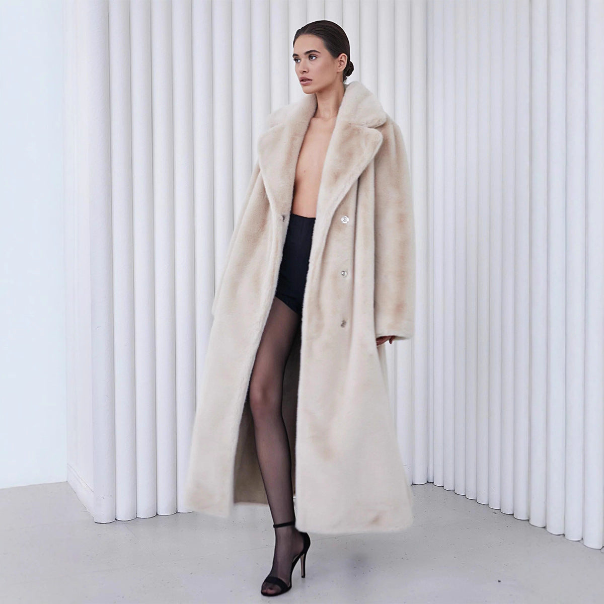 Women's Long Plush Fur Coat with Belted Waist & Notched Lapel