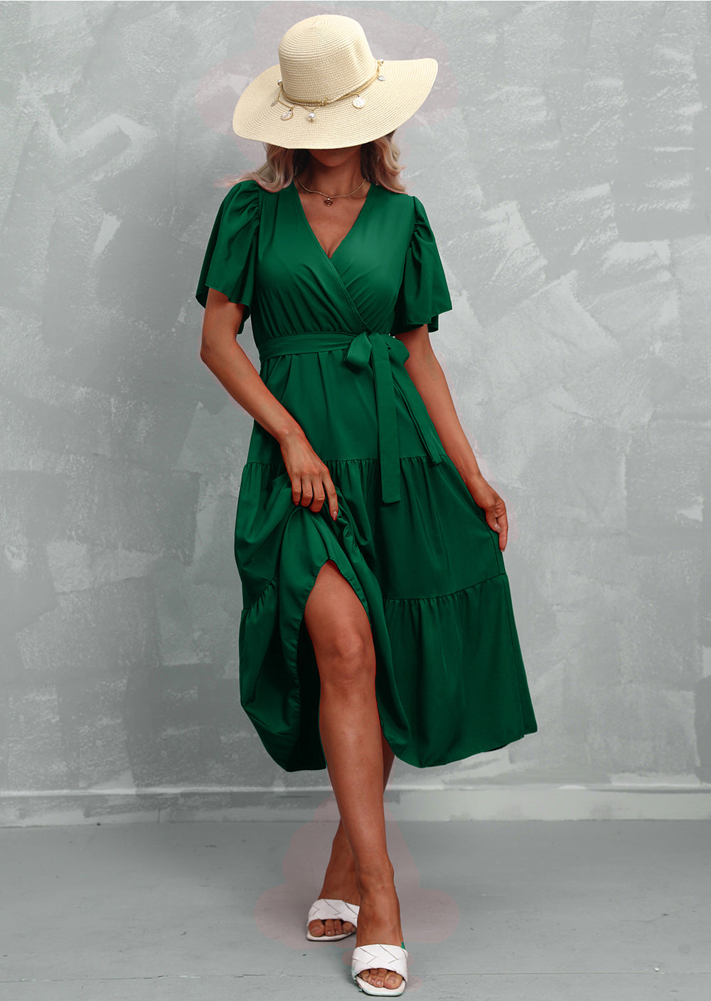 Women's Summer Solid Color V-Neck Short Sleeve Dress