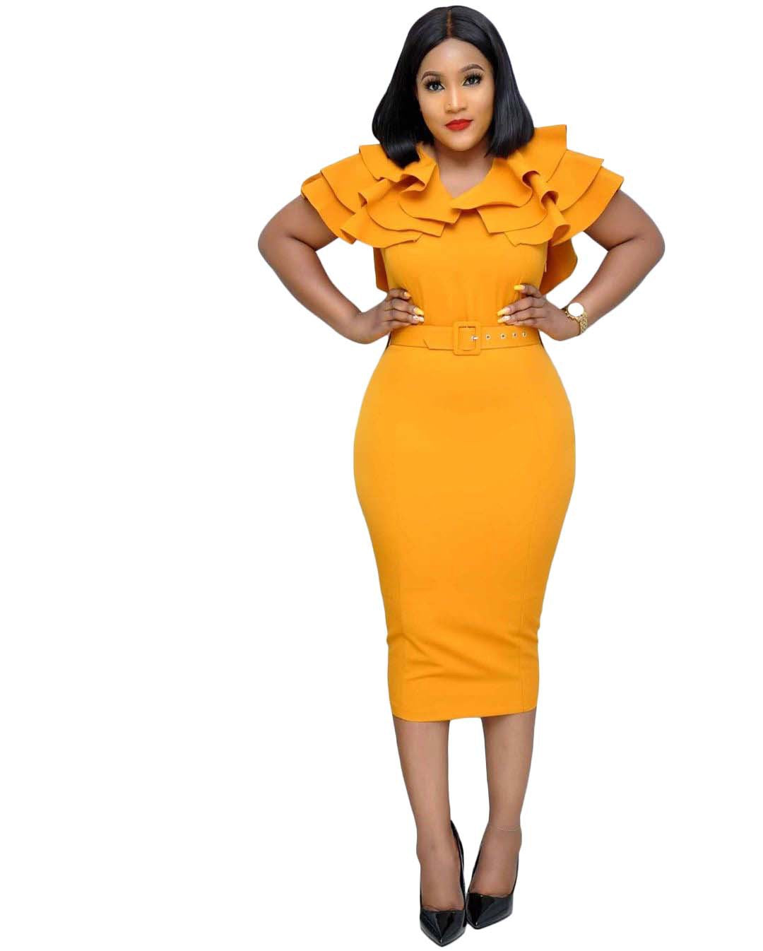 Elegant Women Ruffled Office Lady Dresses-Dresses-Yellow-S-Free Shipping at meselling99