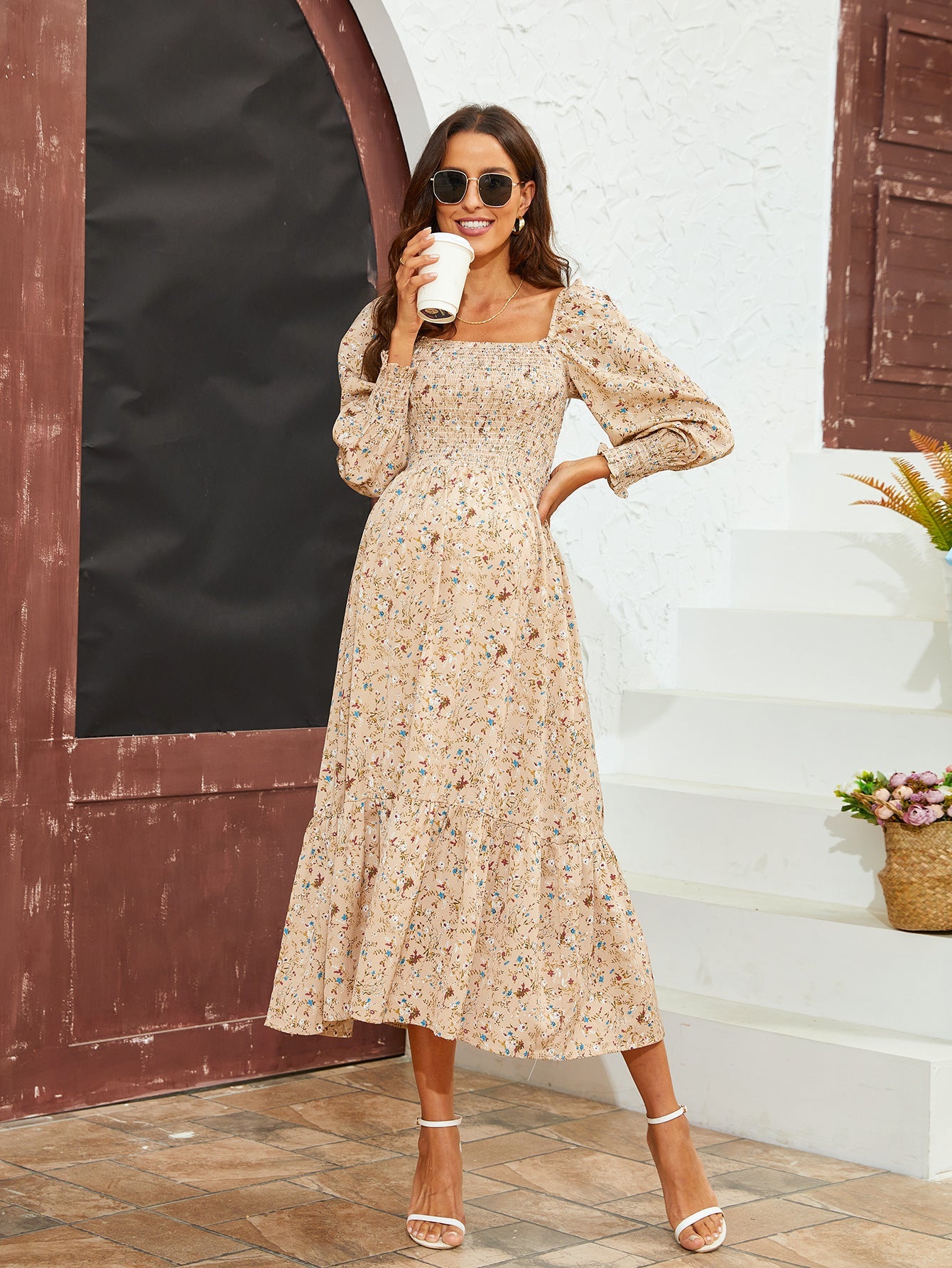 Women's Floral Print Square Neck Chiffon Dress