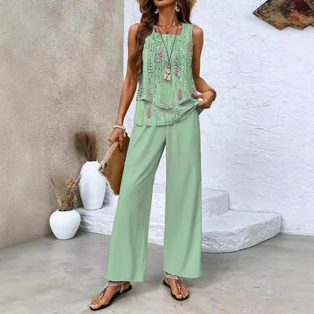 Women's Summer Sleeveless Layered Vest & Pants Set