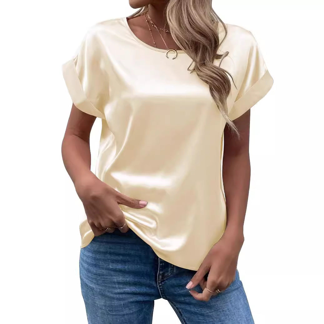 Women's Satin Round-Neck Straight Fit T-Shirt