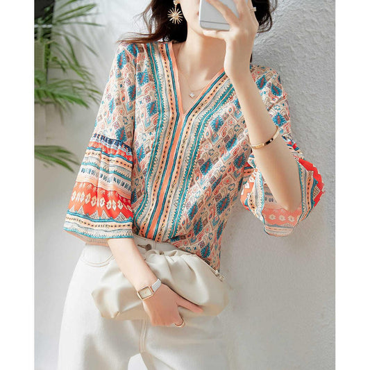 Summer Bohemian Chiffon 3/4 Length Women Blouses