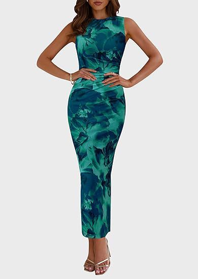 Round Neck Pleated Floral Bodycon Sleeveless Mesh Dress