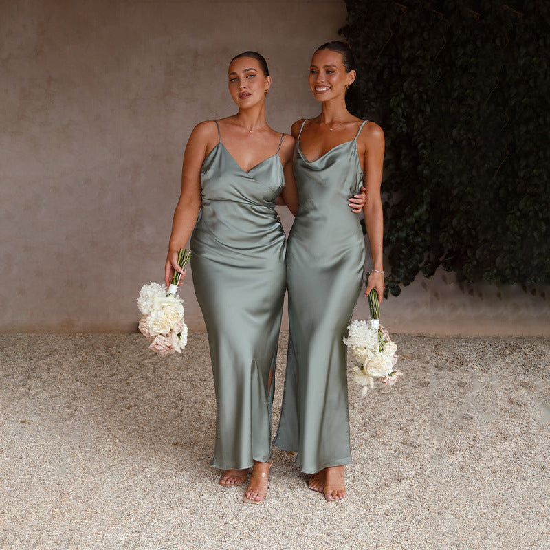 Slim Fit Deep V-Neck Sleeveless Solid Color Dress