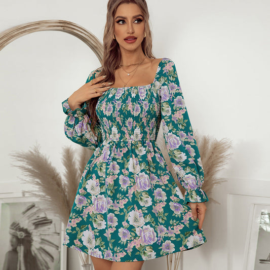 Sexy Square Neckline Floral Design Women Mini Dresses