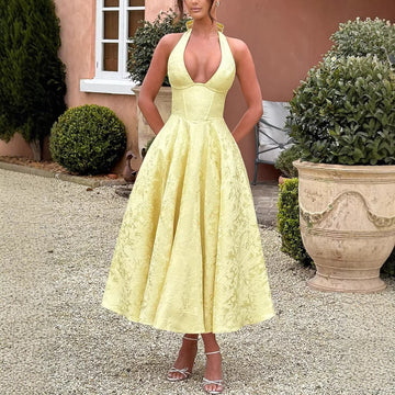 Backless Halter Jacquard Midi Dress