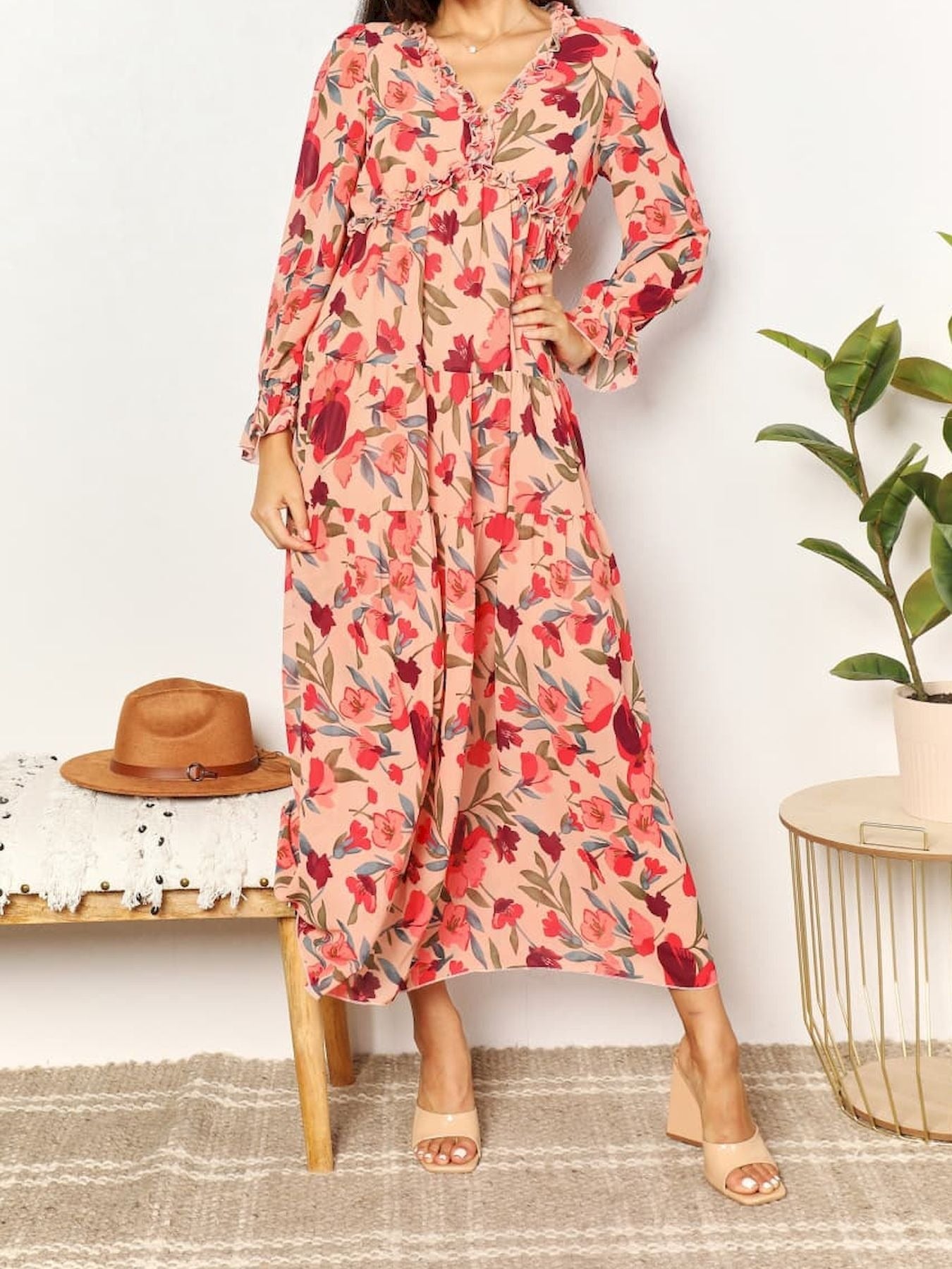 Elegant Long Sleeve Printed Maxi Evening Dress