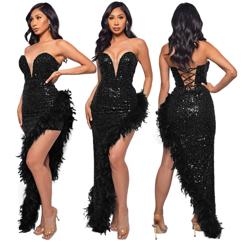 Gorgeous Strapless Sequined Feather Decoration Party Dresses-Dresses-Free Shipping at meselling99